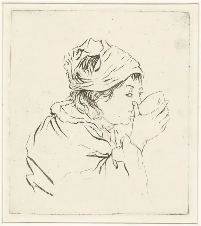 Borstbeeld van een drinkende vrouw met hoofddoek