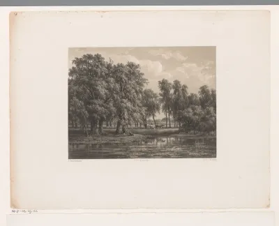 Bosachtig landschap met twee figuren en koeien