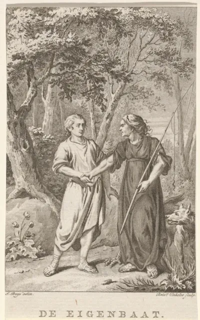 Bosgezicht met een vrouw met hengel die een man bij de hand pakt