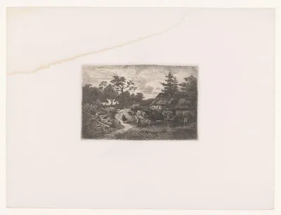Bosgezicht met een wandelaar en een watermolen