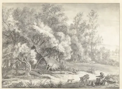 Bosgezicht met herders bij een herdershut