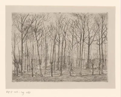 Bosgezicht met kale bomen en twee figuren