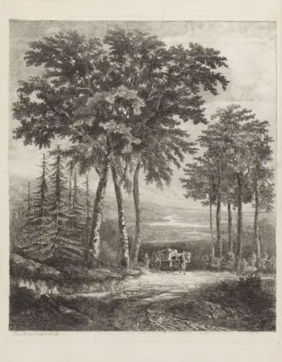 Bosgezicht met man en paard en wagen