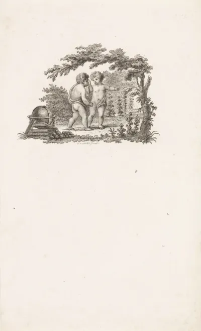 Bosgezicht met twee putti bij een globe en boeken