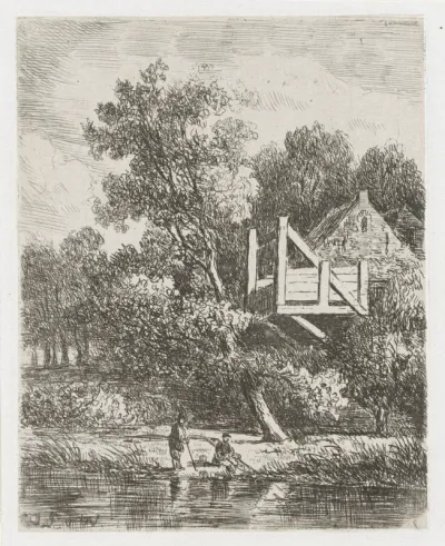 Bosgezicht met twee vissers bij een huis