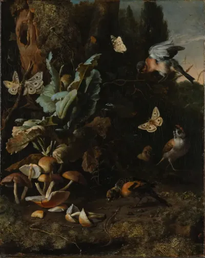 Bosgrond met vogels, vlinders en een hagedis