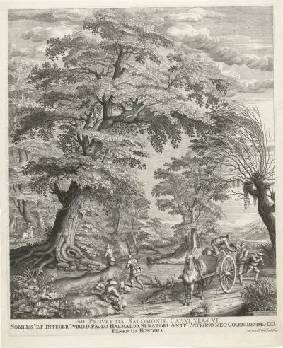 Boslandschap met boeren bij paard en wagen