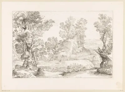 Boslandschap met een beek en een rots waarop bomen