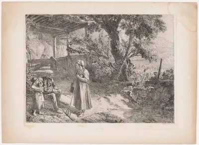 Boslandschap met een boerin en haar gezin voor een stal