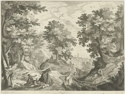 Boslandschap met een hazenjacht