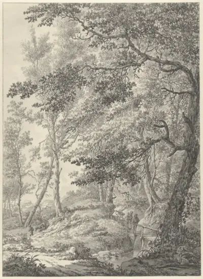 Boslandschap met een houten bruggetje en twee wandelaars