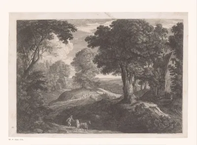 Boslandschap met een huis en een herder bij een poel