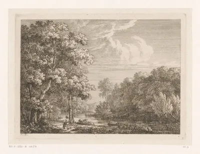 Boslandschap met een rivier, een man met een kruiwagen op de voorgrond
