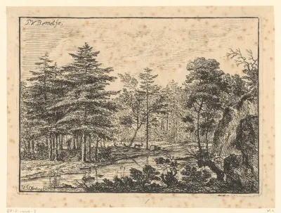 Boslandschap met een rivier, een reiziger tussen de bomen