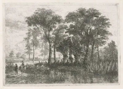 Boslandschap met een vrouw op een ezel en een wandelaar bij een ven
