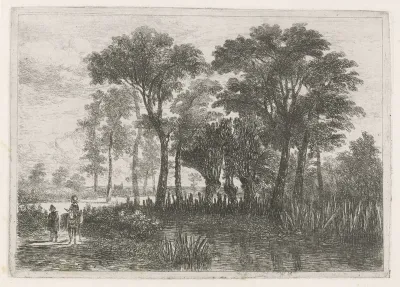 Boslandschap met een vrouw op een ezel en een wandelaar bij een ven