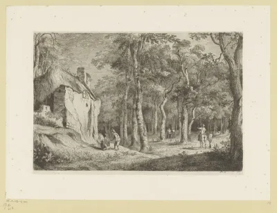 Boslandschap met figuren bij een huis