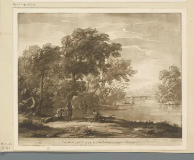 Boslandschap met figuren die rivier oversteken