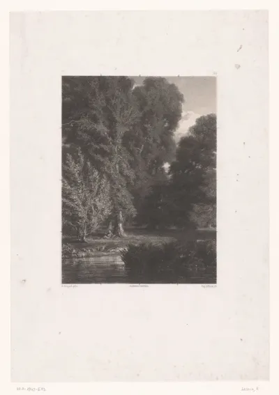Boslandschap met figuur onder een boom aan het water