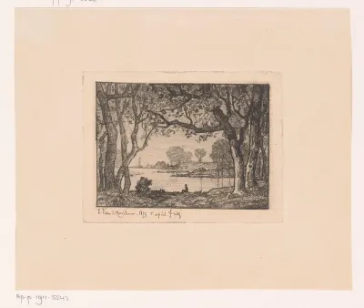 Boslandschap met figuur op de oever van een vijver