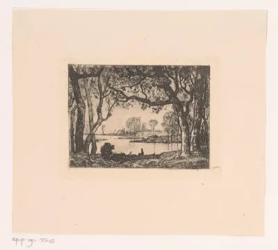 Boslandschap met figuur op de oever van een vijver