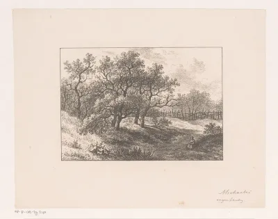 Boslandschap met hekwerk en zittende figuur