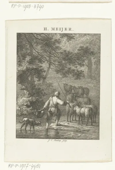 Boslandschap met herder en kudde schapen