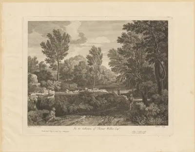 Boslandschap met herders bij een meer
