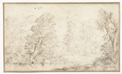 Boslandschap met huis aan rivier