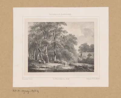 Boslandschap met huis langs een beek