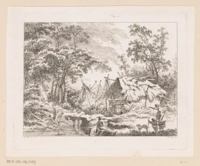 Boslandschap met hut en visnetten op staken
