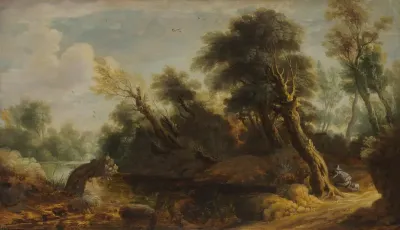 Boslandschap met jager