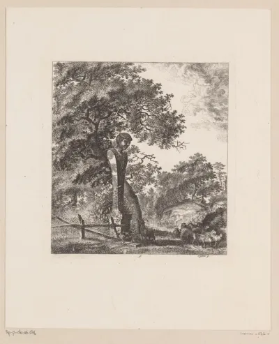 Boslandschap met kudde schapen en herme van een faun