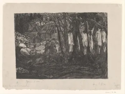 Boslandschap met lichamen opgehangen aan bomen
