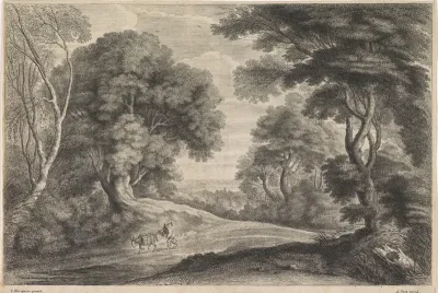 Boslandschap met man met pakezel