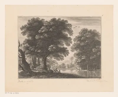 Boslandschap met mannen bij meer