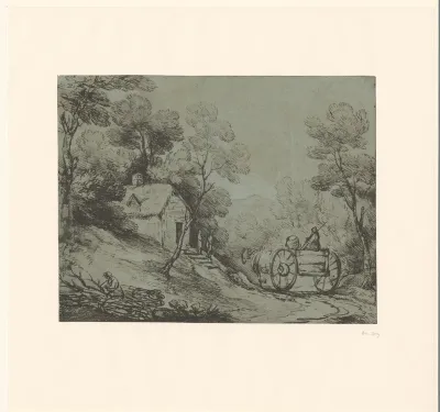 Boslandschap met paard en wagen bij een huis