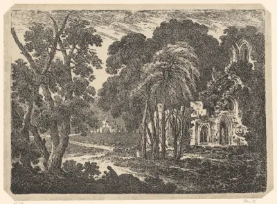 Boslandschap met ruïne van een abdij
