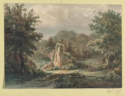 Boslandschap met ruïnes en een jager