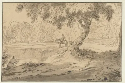 Boslandschap met ruiter en tekenaar