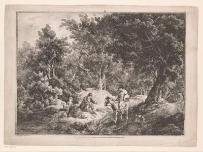 Boslandschap met ruiter en zittende figuren