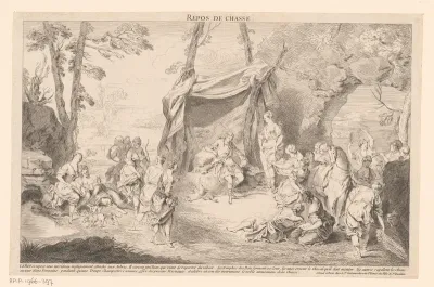 Boslandschap met rustend jachtgezelschap