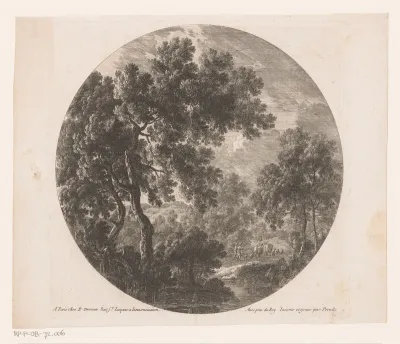 Boslandschap met twee mannen achter kudde