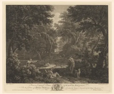 Boslandschap met twee mannen en vrouw bij een waterval