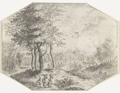 Boslandschap met twee vrouwen en een jongen met een mand