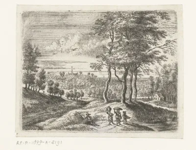 Boslandschap met twee vrouwen en een jongen met een mand