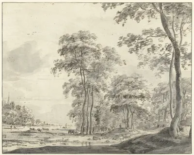 Boslandschap met vee aan de oever van een rivier
