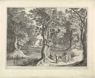 Boslandschap met vijf reizigers