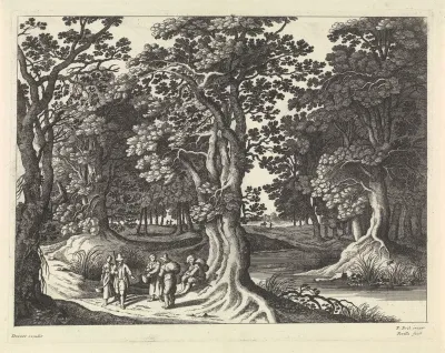 Boslandschap met vijf reizigers