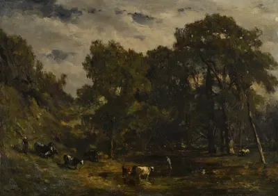 Boslandschap met vijver en boeren met vee